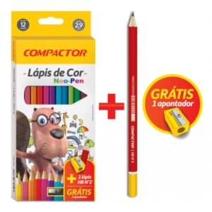 Lápis De Cor 12 Cores + 1 Lápis 1 Apontador Compactor