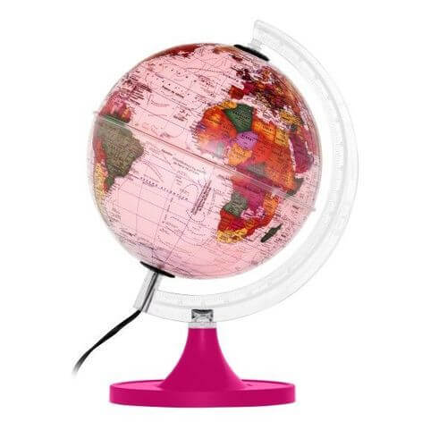 Globo Terrestre 21cm Aquarela Rosa Led Branco Base Magenta